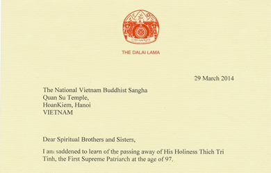 Đức Dalai Lama thứ 14 gửi Điện thư chia buồn tới GHPGVN